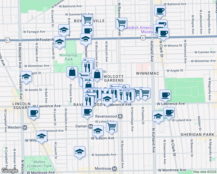 map of restaurants, bars, coffee shops, grocery stores, and more near 4926 North Wolcott Avenue in Chicago