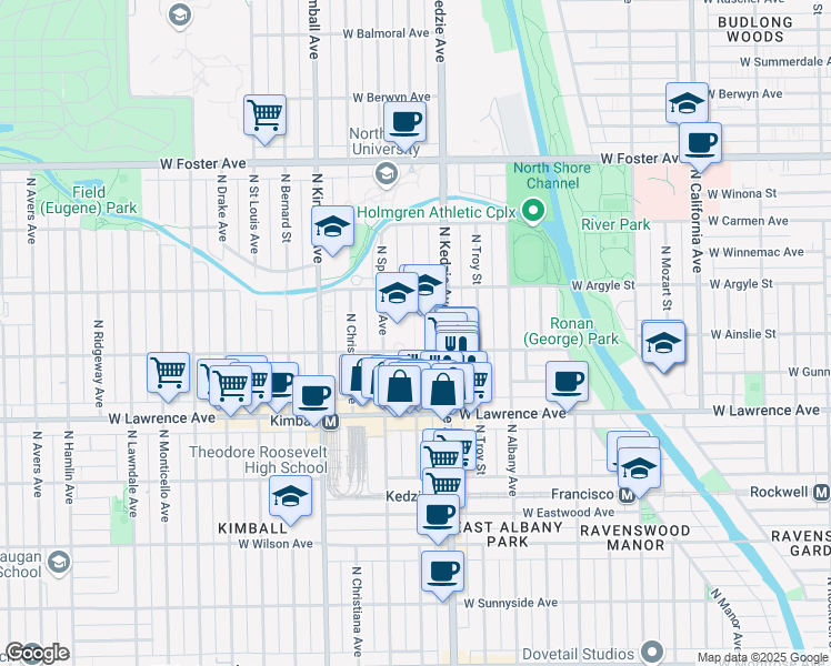 map of restaurants, bars, coffee shops, grocery stores, and more near 4929 North Sawyer Avenue in Chicago