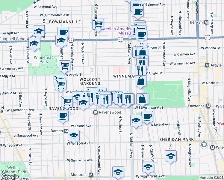 map of restaurants, bars, coffee shops, grocery stores, and more near 4891 North Hermitage Avenue in Chicago