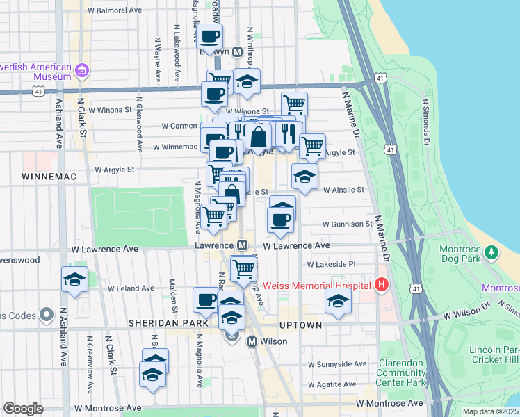 map of restaurants, bars, coffee shops, grocery stores, and more near 4879G West Ainslie Street in Chicago