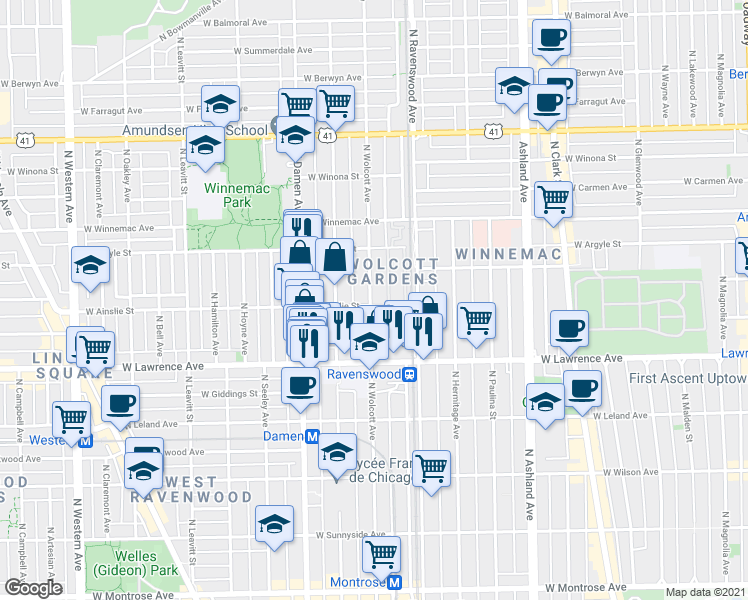 map of restaurants, bars, coffee shops, grocery stores, and more near 4926 North Wolcott Avenue in Chicago