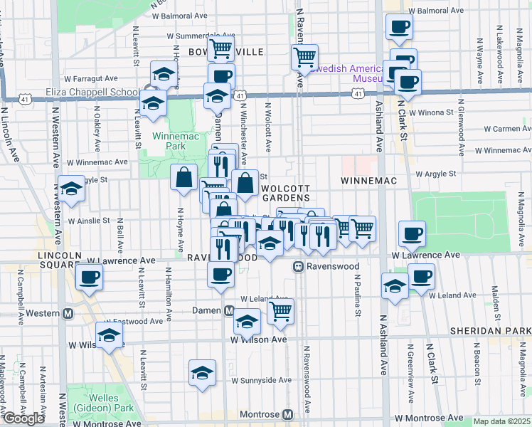 map of restaurants, bars, coffee shops, grocery stores, and more near 4926 North Wolcott Avenue in Chicago