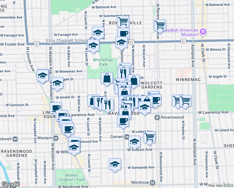 map of restaurants, bars, coffee shops, grocery stores, and more near 4928 North Damen Avenue in Chicago