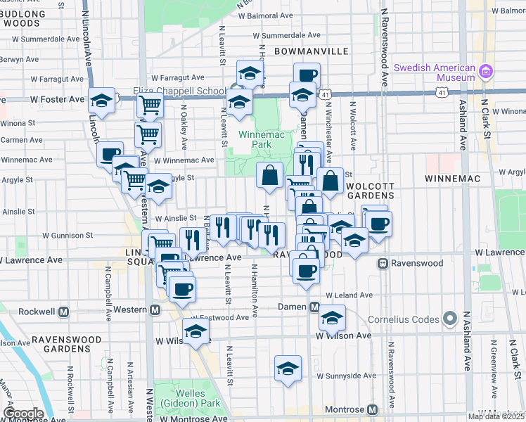 map of restaurants, bars, coffee shops, grocery stores, and more near 4931 North Hamilton Avenue in Chicago