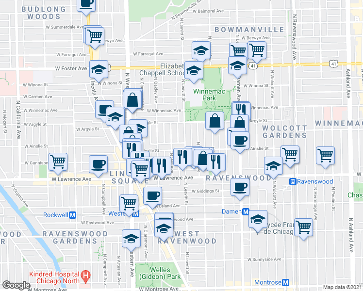 map of restaurants, bars, coffee shops, grocery stores, and more near 4931 North Leavitt Street in Chicago