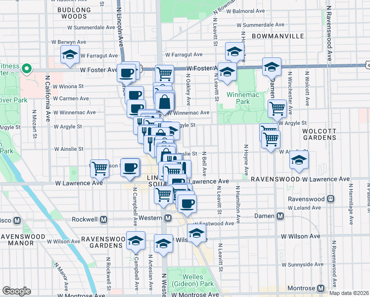 map of restaurants, bars, coffee shops, grocery stores, and more near in Chicago