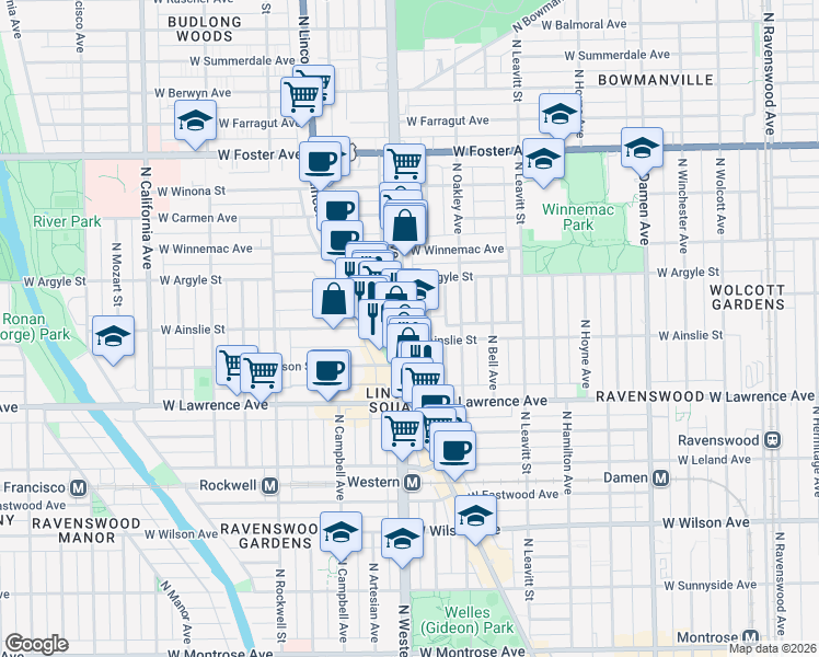 map of restaurants, bars, coffee shops, grocery stores, and more near 4935 North Western Avenue in Chicago