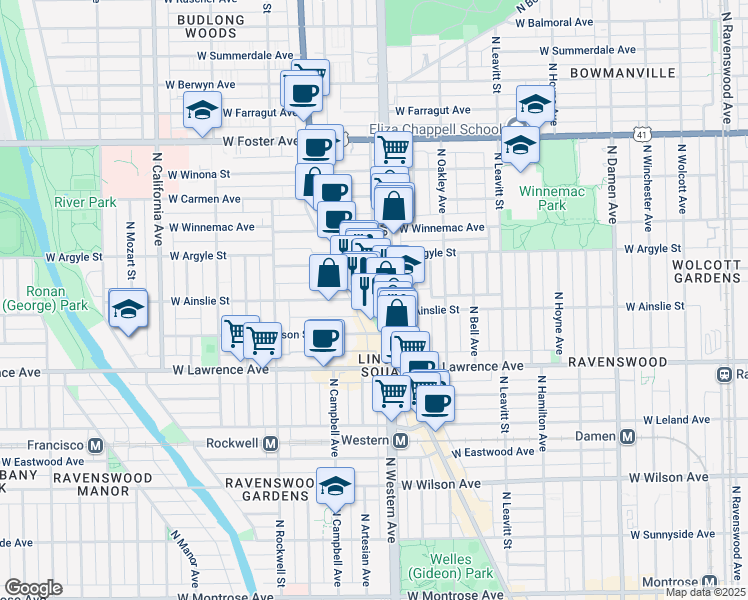 map of restaurants, bars, coffee shops, grocery stores, and more near 4923 North Lincoln Avenue in Chicago
