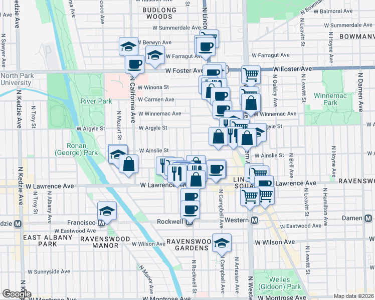 map of restaurants, bars, coffee shops, grocery stores, and more near 4926 North Rockwell Street in Chicago