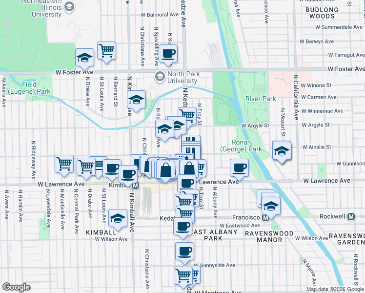 map of restaurants, bars, coffee shops, grocery stores, and more near 4929 North Sawyer Avenue in Chicago