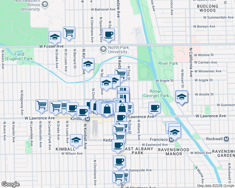map of restaurants, bars, coffee shops, grocery stores, and more near 4929 North Sawyer Avenue in Chicago