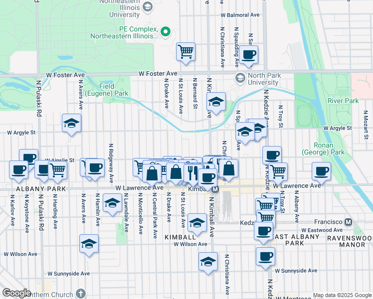 map of restaurants, bars, coffee shops, grocery stores, and more near 4943 North Saint Louis Avenue in Chicago