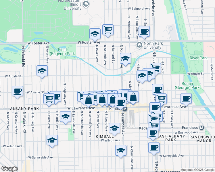 map of restaurants, bars, coffee shops, grocery stores, and more near 4943 North Saint Louis Avenue in Chicago