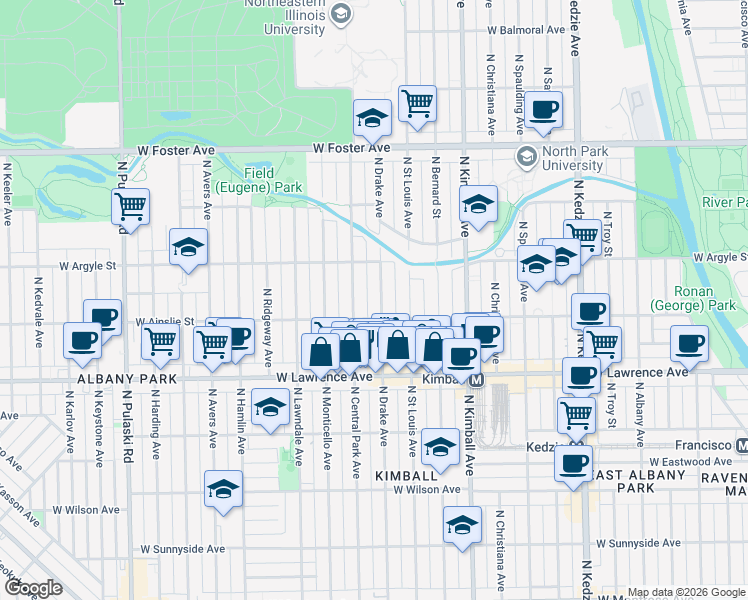 map of restaurants, bars, coffee shops, grocery stores, and more near 4941 North Drake Avenue in Chicago