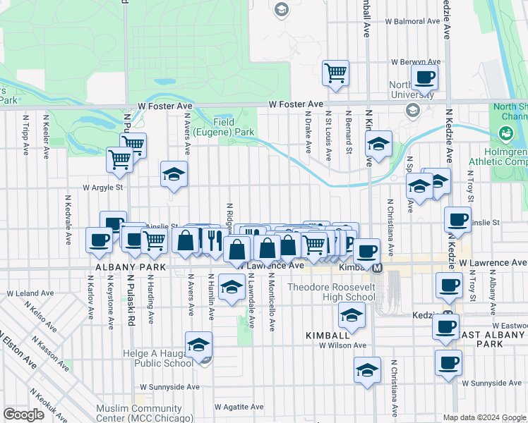 map of restaurants, bars, coffee shops, grocery stores, and more near 4946 North Monticello Avenue in Chicago