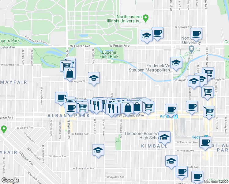 map of restaurants, bars, coffee shops, grocery stores, and more near 4949 North Ridgeway Avenue in Chicago
