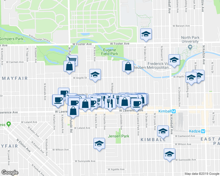 map of restaurants, bars, coffee shops, grocery stores, and more near 4947 North Hamlin Avenue in Chicago