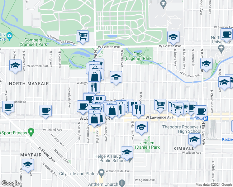 map of restaurants, bars, coffee shops, grocery stores, and more near 4930 North Springfield Avenue in Chicago