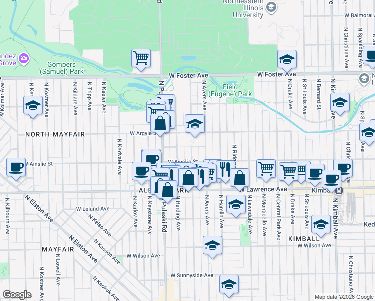 map of restaurants, bars, coffee shops, grocery stores, and more near 4930 North Springfield Avenue in Chicago