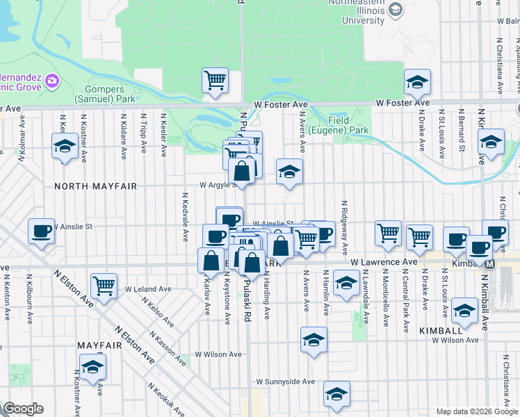 map of restaurants, bars, coffee shops, grocery stores, and more near 4949 North Pulaski Road in Chicago