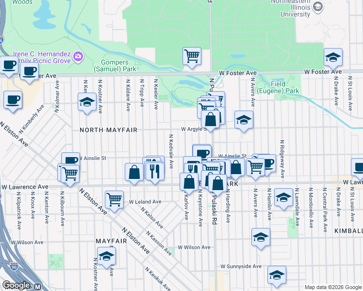 map of restaurants, bars, coffee shops, grocery stores, and more near 4949 North Karlov Avenue in Chicago