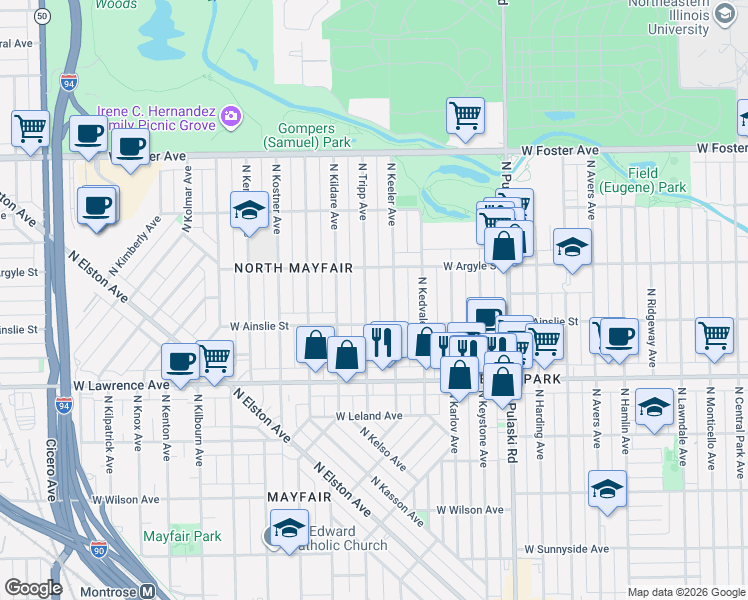 map of restaurants, bars, coffee shops, grocery stores, and more near 4948 North Keeler Avenue in Chicago