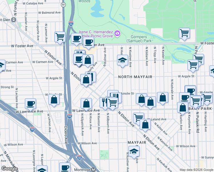 map of restaurants, bars, coffee shops, grocery stores, and more near 4960 North Kilbourn Avenue in Chicago