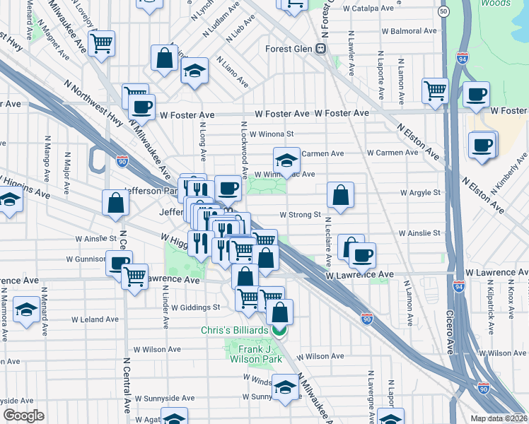 map of restaurants, bars, coffee shops, grocery stores, and more near 5231 West Argyle Street in Chicago