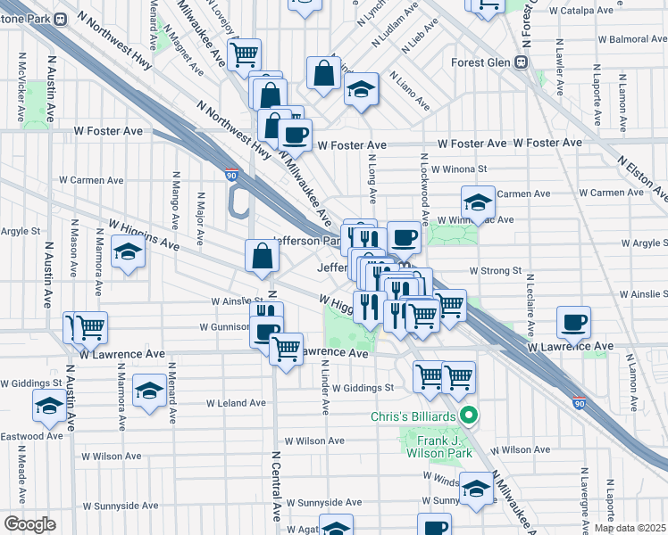 map of restaurants, bars, coffee shops, grocery stores, and more near 5457 West Edmunds Street in Chicago