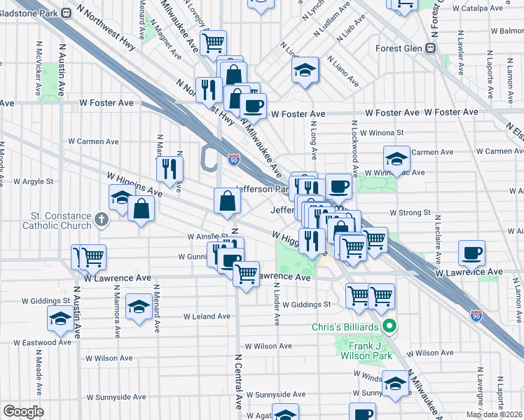 map of restaurants, bars, coffee shops, grocery stores, and more near 5616 West Goodman Street in Chicago