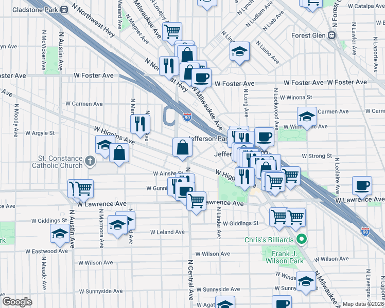 map of restaurants, bars, coffee shops, grocery stores, and more near 5616 West Goodman Street in Chicago