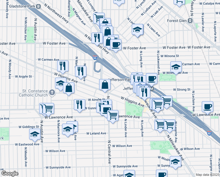 map of restaurants, bars, coffee shops, grocery stores, and more near 5643 West Goodman Street in Chicago