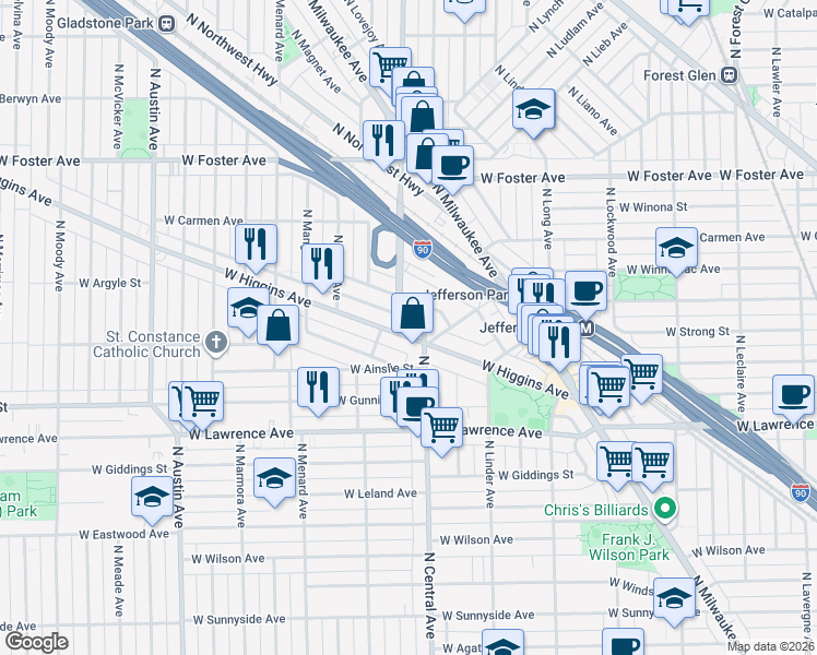 map of restaurants, bars, coffee shops, grocery stores, and more near 5643 West Goodman Street in Chicago