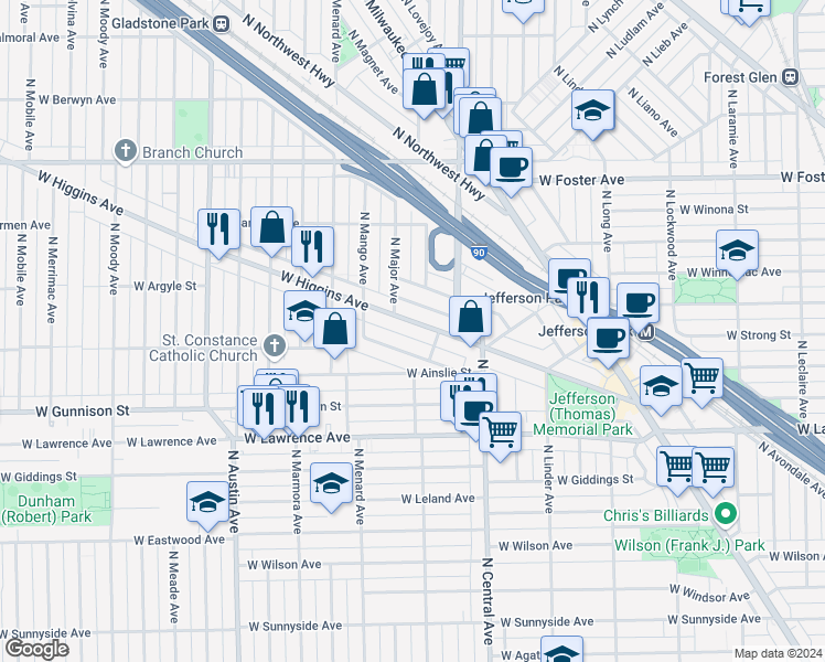 map of restaurants, bars, coffee shops, grocery stores, and more near 5712 West Higgins Avenue in Chicago