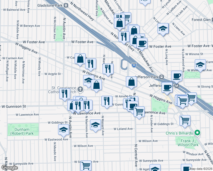 map of restaurants, bars, coffee shops, grocery stores, and more near 5747 West Higgins Avenue in Chicago