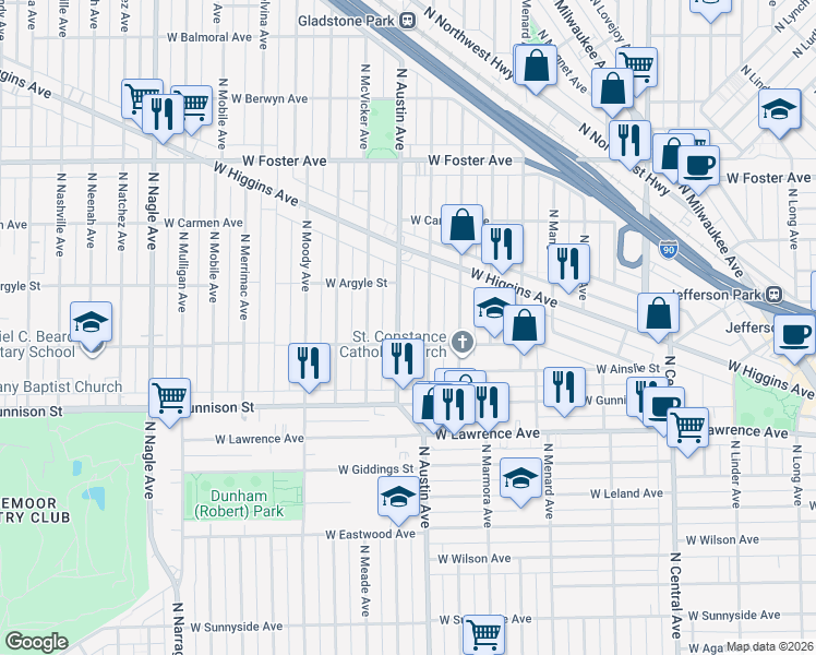 map of restaurants, bars, coffee shops, grocery stores, and more near 4940 North Austin Avenue in Chicago