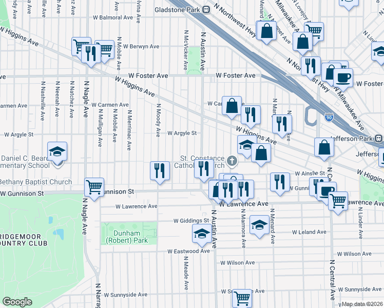 map of restaurants, bars, coffee shops, grocery stores, and more near 4940 North Austin Avenue in Chicago