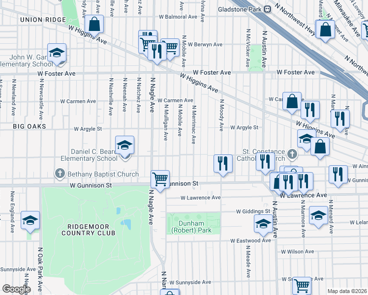 map of restaurants, bars, coffee shops, grocery stores, and more near 4942 North Merrimac Avenue in Chicago