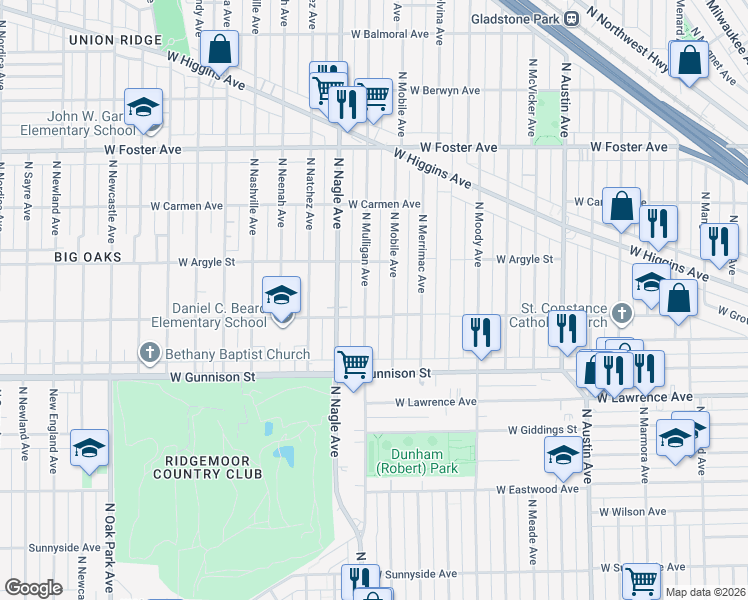 map of restaurants, bars, coffee shops, grocery stores, and more near 4940 North Mobile Avenue in Chicago