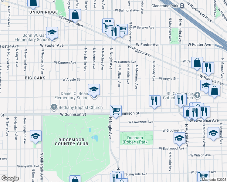 map of restaurants, bars, coffee shops, grocery stores, and more near 4945 North Nagle Avenue in Chicago