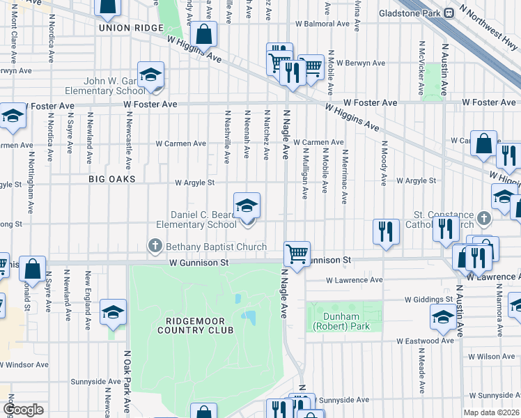 map of restaurants, bars, coffee shops, grocery stores, and more near 4941 North Natchez Avenue in Chicago