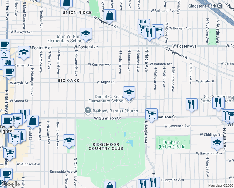 map of restaurants, bars, coffee shops, grocery stores, and more near 4942 North Nashville Avenue in Chicago