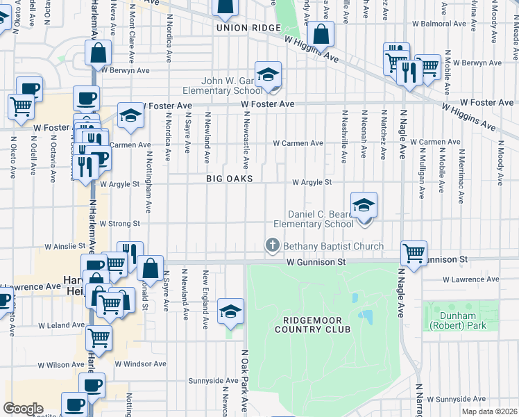 map of restaurants, bars, coffee shops, grocery stores, and more near 4946 North Oak Park Avenue in Chicago