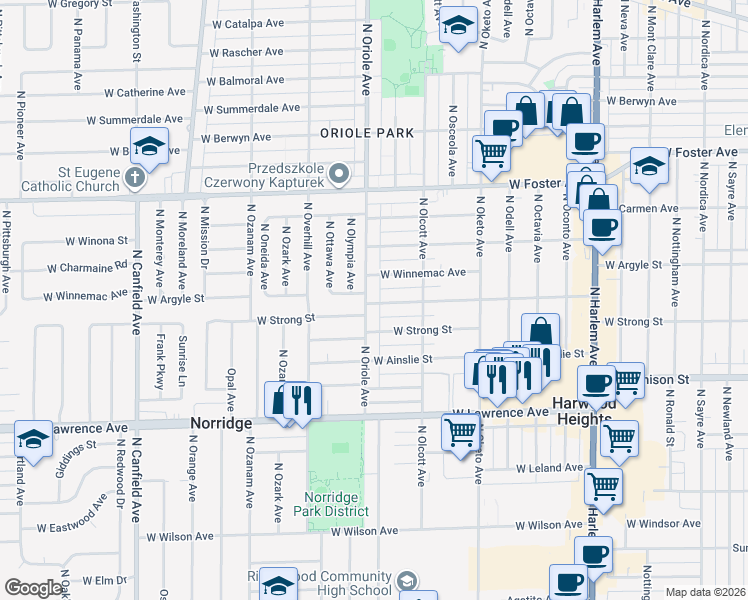 map of restaurants, bars, coffee shops, grocery stores, and more near 7527 West Winnemac Avenue in Chicago