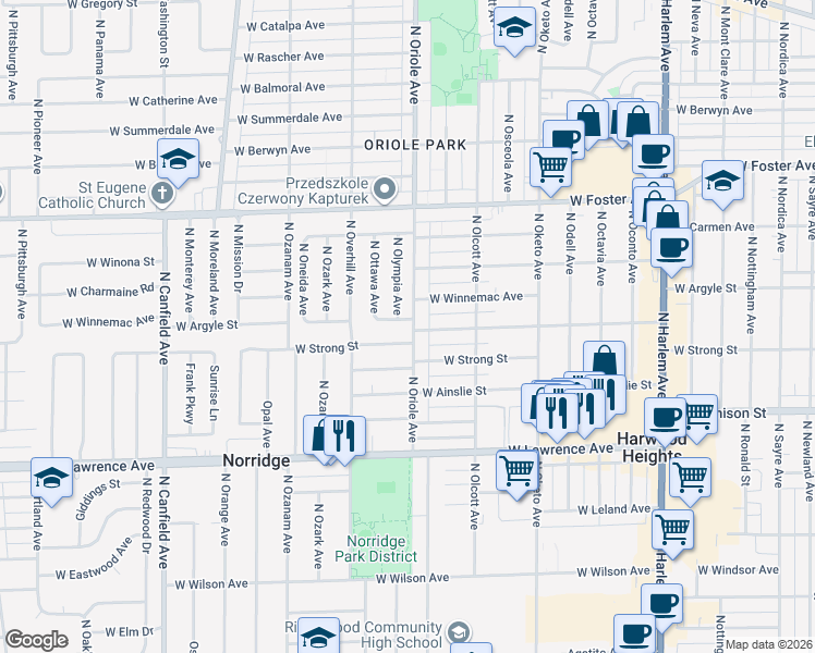 map of restaurants, bars, coffee shops, grocery stores, and more near 5021 North Olympia Avenue in Chicago