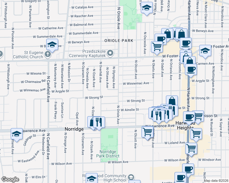 map of restaurants, bars, coffee shops, grocery stores, and more near 5021 North Olympia Avenue in Chicago