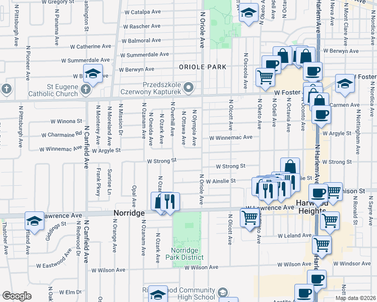 map of restaurants, bars, coffee shops, grocery stores, and more near 5021 North Olympia Avenue in Chicago