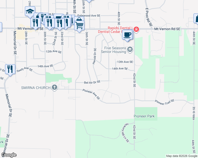 map of restaurants, bars, coffee shops, grocery stores, and more near 3648 Harold Court Southeast in Cedar Rapids
