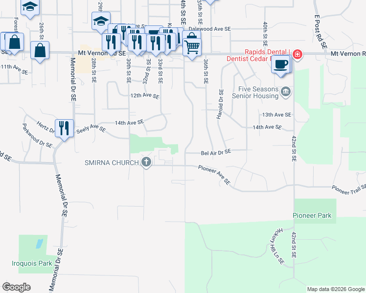 map of restaurants, bars, coffee shops, grocery stores, and more near 1339 34th Street Southeast in Cedar Rapids