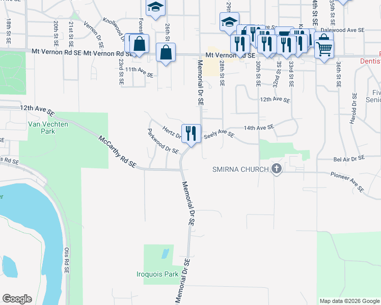 map of restaurants, bars, coffee shops, grocery stores, and more near 1411 Memorial Drive Southeast in Cedar Rapids